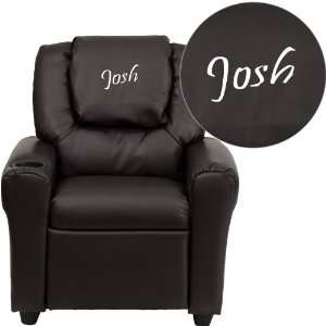  Personalized Brown Vinyl Kids Recliner with Cup Holder and 