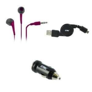 5mm Stereo Earbud Headphones (Hot Pink) + USB Car Charger Adapter 
