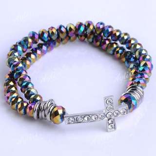 12 Colors 2 Row Faceted Crystal Glass Cross Beads Bracelet Wristband 