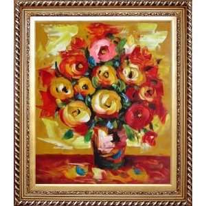 Red and Yellow Roses Oil Painting, with Exquisite Dark Gold Wood Frame 