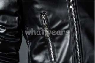 New Mens Zip Up Slim PU Leather Jacket Coat Black W89  