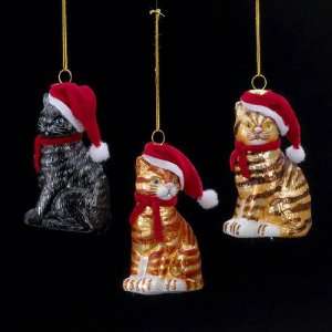 New   Club Pack of 12 Kitty Cat in Santa Hat Hand Blown Glass 