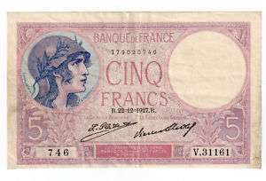 1927 Banque De France 5 Francs Paper Money  