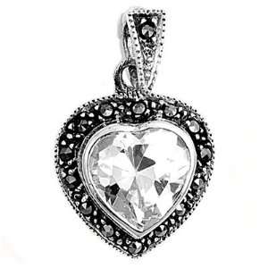 Sterling Silver and Marcasite Heart Pendant With Clear Cubic Zirconia 