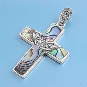  Sterling Silver and Marcasite Cross Pendant With Abalone 