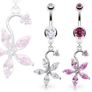 316L Press Fit Pink Belly Ring with Multi Gem Flower Dangle   14G   3 