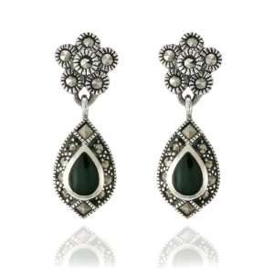   Sterling Silver Marcasite and Onyx Pear Drop Earrings: Jewelry