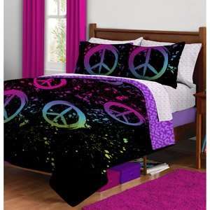 Black Purple Pink Peace Sign Twin Girls Comforter Bed in a Bag Set 