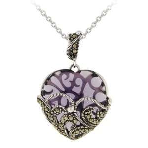    Sterling Silver Purple Glass and Marcasite Heart Necklace Jewelry