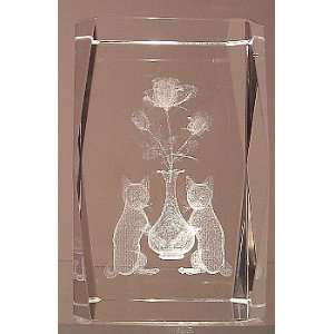  Cats and a Vase of Roses Laser Etched Crystal with Lighted 