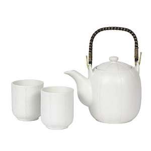 White Melon Stripes Japanese Stoneware Tea Set Gift Set with Tea Pot 