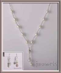 Pearl Y Necklace Earrings Set Silver Peach Bridal Bride  