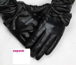 50cm(19.7) long cute bow real leather gloves*black  