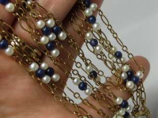   EXCEPTIONAL 14K Solid Gold Lapis Pearl 64.5 LONG Chain Necklace