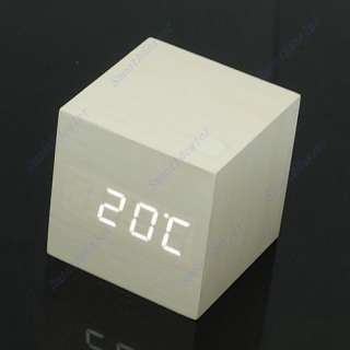 Modern White LED Wood Wooden USB/AAA Cube Alarm Clock  