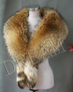 Large Genuine Real raccoon Fox Fur Top Scarf Cape Wrap with Tails 