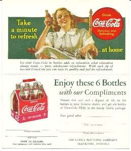 Vintage 1940s Free Coca Cola 6 Pack Coupon & Ad Card  