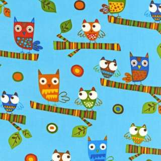 Colorful OWLS Childrens Fabric on BLUE  