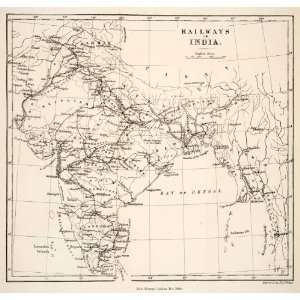  1881 Wood Engraving Map India Asia Railway Railroad Track 