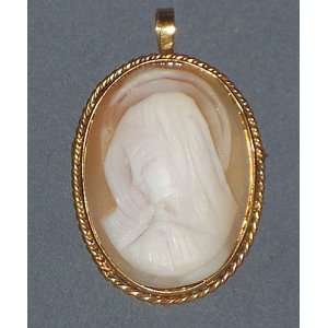  14k Religious Mother Mary Cameo Surrounded By Gold Bezel 