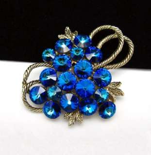 Vintage Blue Rivoli Rhinestone Brooch Pin Grapes Cluster  