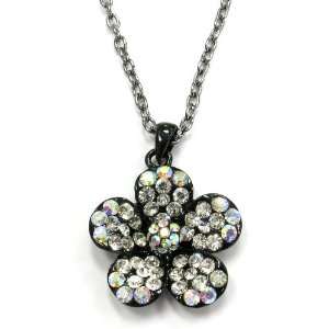   Borealis Clear Austrian Crystals Black 5 Petal Flower Pendant Necklace