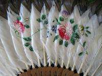 Vtg Peacock Feather Chinese Fan Hand Painted Flowers c.1850 China 