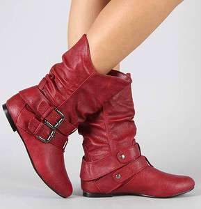   Slouchy Flat Heel Round Toe Mid Calf Booties Boots Red Vickie 16 6 10