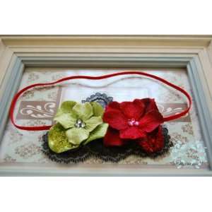 Double Velvet Mon Cherie Red and Green Flowers with Swarovski Crystals 