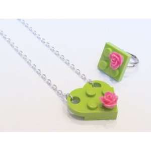   Upcycled LEGO Heart Necklace with Hot Pink Rose and Ring Set Jewelry