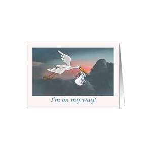  Flying stork , baby and clouds,I am on my way. Card 