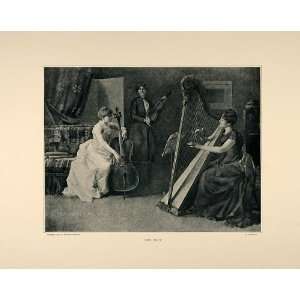  1893 Print Harp Violin Cello Trio Women Herbert Denman 