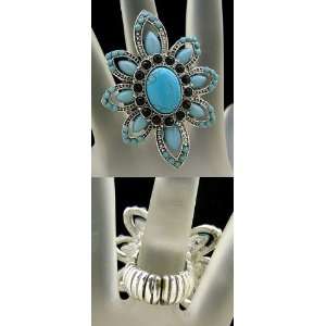 Turquoise Flower Design with Black Crystals Fashion Ring