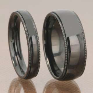 and 8mm Black Domed High Polish Titanium Ring Milgrain Edge Wedding 
