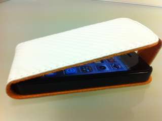 White Carbon Fibre Leather Flip Case Pouch For iPhone 4  