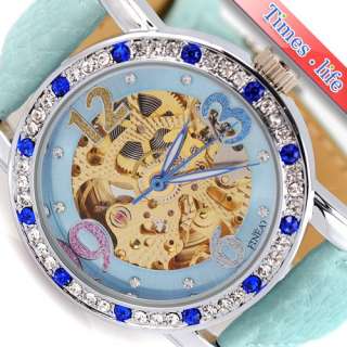   Sky Blue Design Women Lady Automatic Watch Diamonds Gold Skeleton