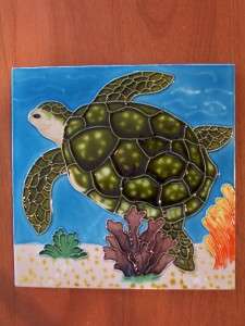   Ceramic Tile Wall Art Standing Trivet Sea Tortoise Turtle 8x8  