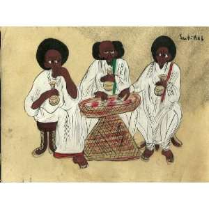  ETHIOPIAN MEAL, THREE MEN AT THE ETHIOPIAN INGERA TABLE 
