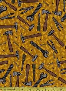 Free Spirit Gold Tool Hammer Nail Screw Cotton Fabric  