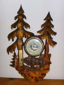  Intricately Carved Woodland Scene Black Forest Barometer & Thermometer
