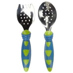 Sassy Less Mess Metal Spoon and Fork (blue/green) Baby