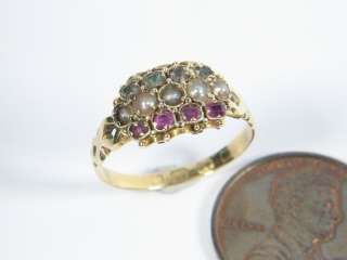LOVELY ANTIQUE ENGLISH 18K GOLD RUBY EMERALD PEARL RING  
