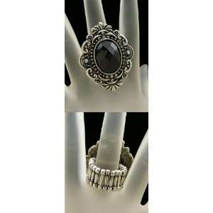  Gothic Victorian Black Stone with Vintage Metal Frame Ring 