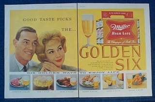 1959 2 PG Ad: Miller High Life Beer ~ 6 Pack & Cans  