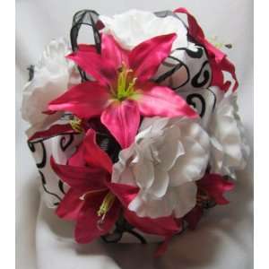  NEW Pink Black and White Wedding Bouquet with Rhienstones 