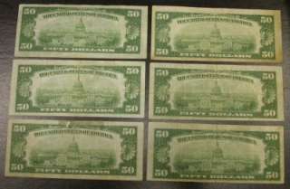 SIX DIFFERENT BANK NATIONAL LOT  ALL $50 NOTES  ID#OO400  