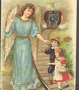 GUARDIAN ANGEL PROTECTS CHILDREN,TRAIN,VINTAGE POSTCARD  