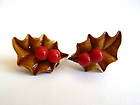 VINTAGE HOLLY BERRY CELLULOID CHRISTMAS CLIP EARRINGS  