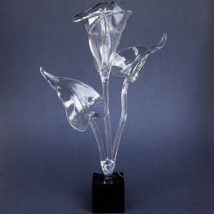  Hand Blown Glass Calla Lily Crystal and Black Marble Sculpture 