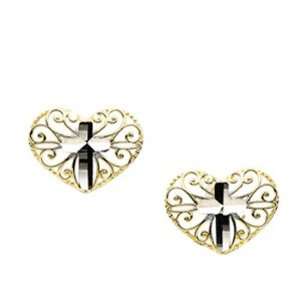  14K Yellow White Gold Heart Cross Earrings: Jewelry